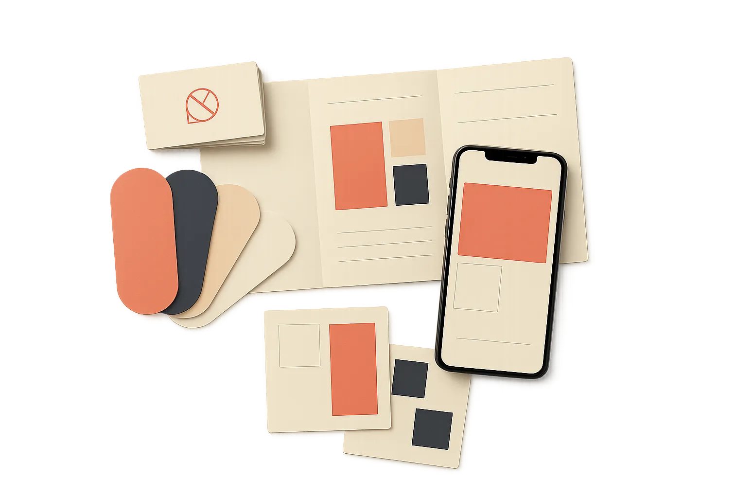 A brand kit generated by MakeBrandKit — logo, colour palette, brochure, reel and social cards on warm paper.