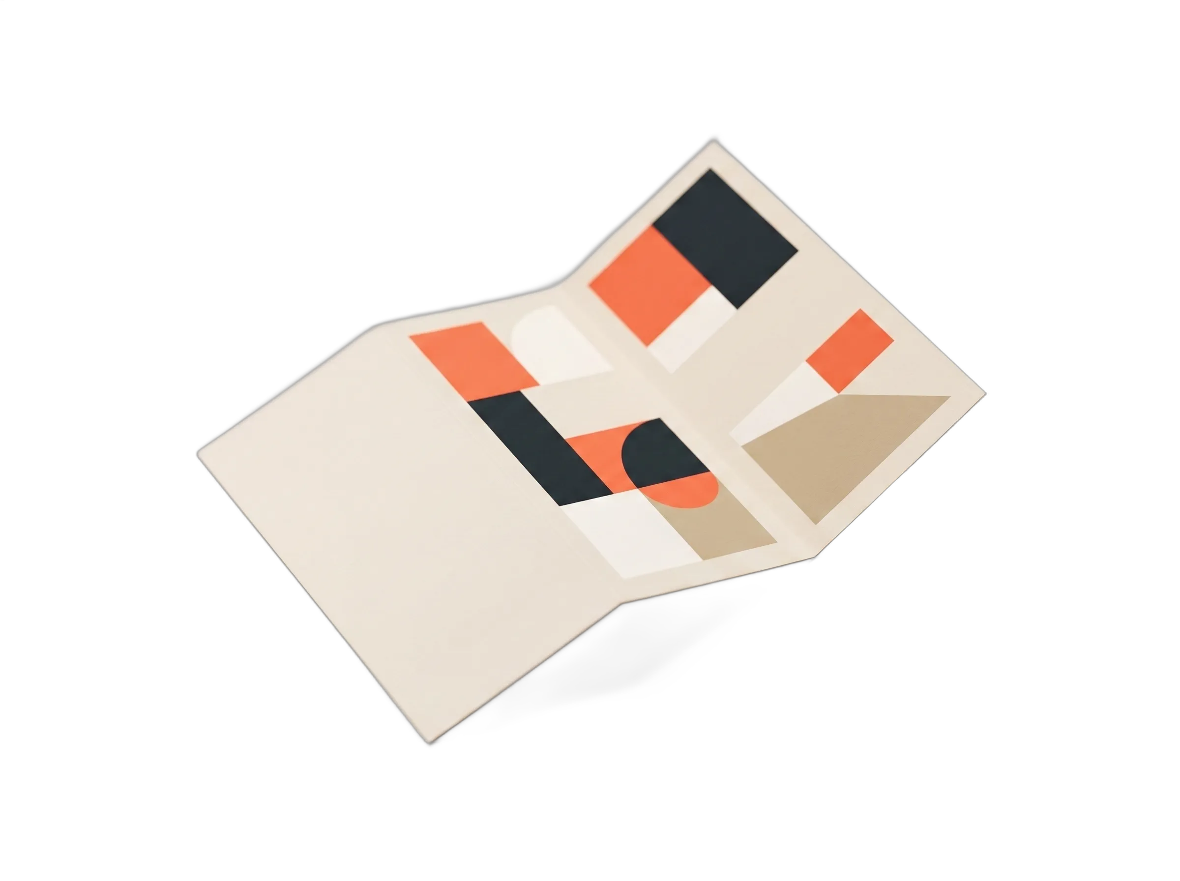 A4-landscape tri-fold brochure laid open, showing brand typography and coral accent across three panels